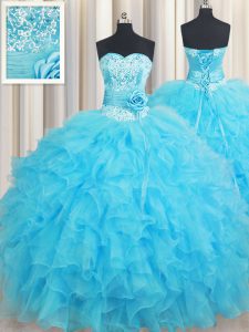 Sleeveless Lace Up Floor Length Beading and Ruffles and Hand Made Flower Quinceanera Gown