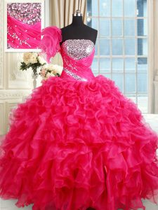 Sleeveless Organza Floor Length Lace Up 15 Quinceanera Dress in Hot Pink with Sequins
