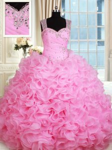New Style Straps Sleeveless Floor Length Beading and Ruffles Zipper Vestidos de Quinceanera with Rose Pink