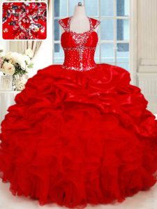 Unique Red Sweetheart Backless Ruffles and Pick Ups Quinceanera Gown Cap Sleeves