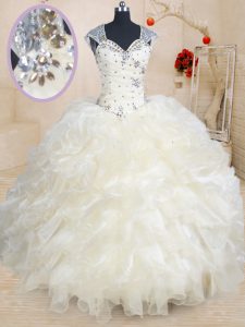 Inexpensive Straps Cap Sleeves Organza Floor Length Zipper 15 Quinceanera Dress in Champagne with Beading and Ruffles