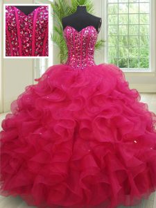 High Class Floor Length Fuchsia Sweet 16 Dress Organza Sleeveless Beading and Ruffles
