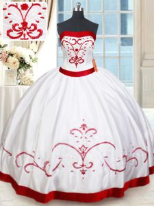 Designer Floor Length White and Red Sweet 16 Quinceanera Dress Satin Sleeveless Beading and Embroidery