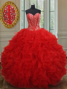 Smart Red Sweet 16 Dresses Military Ball and Sweet 16 and Quinceanera and For with Beading and Ruffles Sweetheart Sleeve