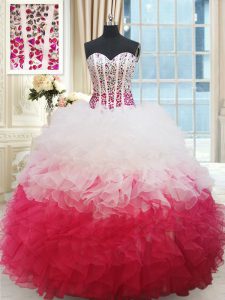 Top Selling Floor Length Ball Gowns Sleeveless White and Red Sweet 16 Dresses Lace Up