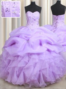 Elegant Sleeveless Beading and Ruffles and Pick Ups Lace Up Quinceanera Gowns