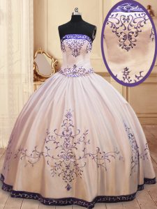Traditional White Satin Zipper Strapless Sleeveless Floor Length Quinceanera Gowns Beading and Embroidery