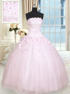 Strapless Sleeveless Tulle Sweet 16 Quinceanera Dress Beading and Appliques Lace Up