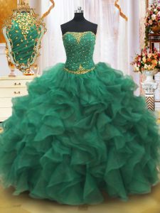 Dark Green Lace Up Strapless Beading and Ruffles Sweet 16 Dresses Organza Sleeveless