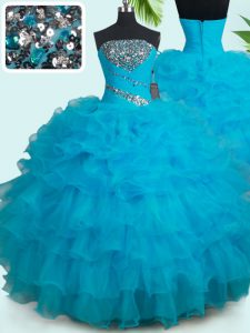 Best Strapless Sleeveless Zipper Sweet 16 Dress Baby Blue Organza