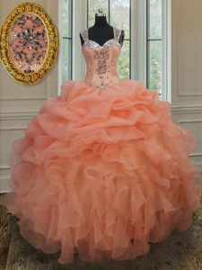 Latest Straps Sleeveless Floor Length Beading and Ruffles and Pick Ups Zipper Quinceanera Gowns with Orange