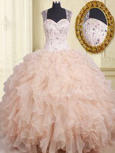 Amazing Straps Cap Sleeves Organza Floor Length Zipper Sweet 16 Dress in Pink with Beading and Ruffles