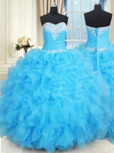 Custom Designed Ruffled Floor Length Baby Blue Quinceanera Dresses Sweetheart Sleeveless Lace Up
