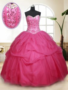 Deluxe Floor Length Hot Pink Quinceanera Gowns Tulle Sleeveless Beading and Ruffles and Sequins