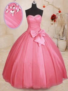 Cute Sleeveless Floor Length Beading and Bowknot Lace Up Quinceanera Gown with Pink