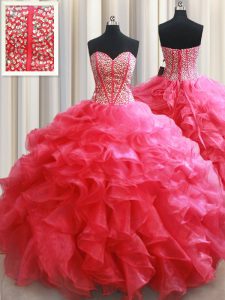 Dazzling Floor Length Ball Gowns Sleeveless Coral Red 15 Quinceanera Dress Lace Up