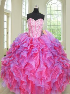 Extravagant Multi-color Ball Gowns Beading and Ruffles Quinceanera Gown Lace Up Organza Sleeveless Floor Length
