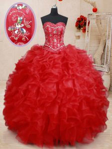 Red Sleeveless Floor Length Beading and Ruffles Lace Up Sweet 16 Dresses