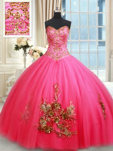 Beading and Appliques Quinceanera Dresses Hot Pink Lace Up Sleeveless Floor Length