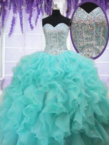 Customized Aqua Blue Organza Lace Up Sweet 16 Dresses Sleeveless Floor Length Beading and Ruffles