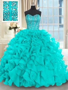 Low Price Aqua Blue Sleeveless With Train Beading and Ruffles Lace Up Vestidos de Quinceanera