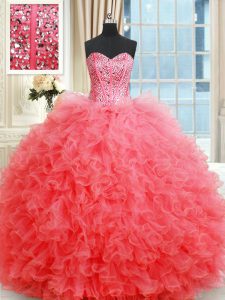Vintage Coral Red Sleeveless Organza Lace Up Sweet 16 Quinceanera Dress for Military Ball and Sweet 16 and Quinceanera