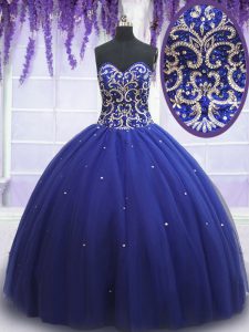 Royal Blue Tulle Lace Up Ball Gown Prom Dress Sleeveless Beading and Sequins
