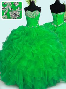 Decent Green Ball Gowns Sweetheart Sleeveless Organza Floor Length Lace Up Beading and Ruffles 15 Quinceanera Dress