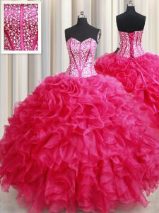 Floor Length Lace Up 15th Birthday Dress Hot Pink for Military Ball and Sweet 16 and Quinceanera with Beading and Ruffle