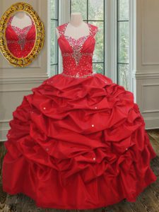 Attractive Red Lace Up Straps Beading and Pick Ups Quince Ball Gowns Taffeta Cap Sleeves