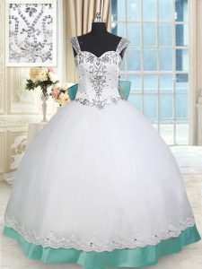 White and Green Straps Lace Up Beading and Lace and Bowknot Quinceanera Gown Sleeveless