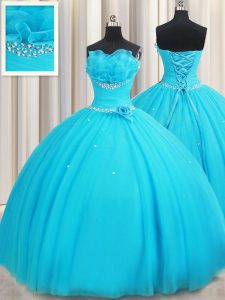 Ideal Sleeveless Tulle Floor Length Lace Up Quince Ball Gowns in Aqua Blue with Beading and Ruffles and Hand Made Flower