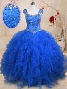 Floor Length Blue Sweet 16 Dresses Straps Cap Sleeves Lace Up