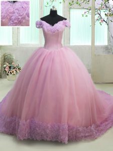 Lilac Tulle Lace Up Off The Shoulder Cap Sleeves With Train Sweet 16 Quinceanera Dress Court Train Ruching