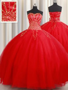 Shining Red Sleeveless Beading Floor Length Quinceanera Dresses