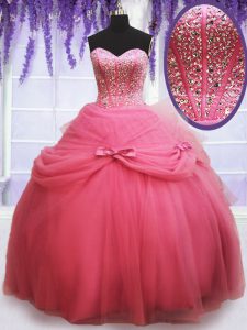 Inexpensive Sleeveless Floor Length Beading and Bowknot Lace Up Ball Gown Prom Dress with Watermelon Red