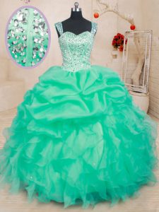 Discount Straps Turquoise Ball Gowns Beading and Ruffles and Pick Ups 15th Birthday Dress Lace Up Organza Sleeveless Flo
