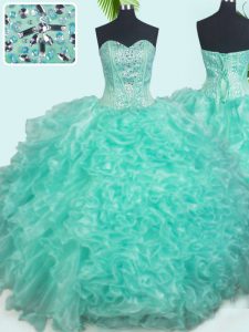 Low Price Turquoise Lace Up Sweetheart Beading and Ruffles Sweet 16 Quinceanera Dress Organza Sleeveless