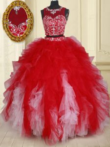 Smart See Through Two Pieces Sweet 16 Quinceanera Dress White and Red Scoop Tulle Sleeveless Floor Length Zipper