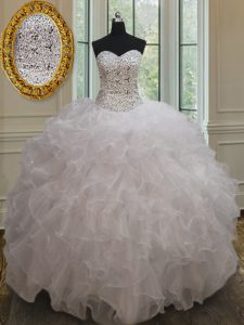 Fitting White Ball Gowns Beading and Ruffles Quinceanera Gowns Lace Up Organza Sleeveless Floor Length