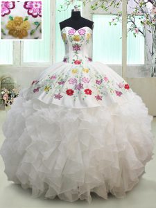 Classical White Sweetheart Lace Up Embroidery and Ruffles 15 Quinceanera Dress Sleeveless