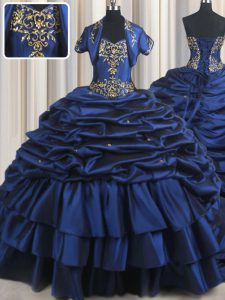 Navy Blue Sleeveless With Train Embroidery and Pick Ups Lace Up Quinceanera Dress