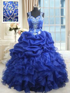 Dramatic Straps Royal Blue Sleeveless Beading and Ruffles and Pick Ups Floor Length Quinceanera Dresses