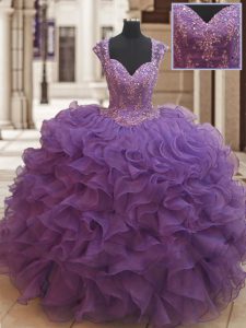 Straps Cap Sleeves Organza Floor Length Zipper Sweet 16 Quinceanera Dress in Eggplant Purple with Beading and Ruffles