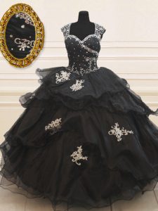 Classical Cap Sleeves Floor Length Beading and Appliques and Ruffles Zipper 15 Quinceanera Dress with Black