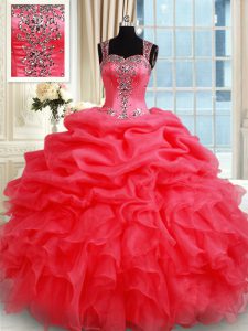 Straps Floor Length Zipper 15th Birthday Dress Coral Red for Military Ball and Sweet 16 and Quinceanera with Beading and