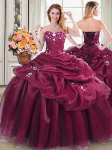 Glorious Burgundy Sweetheart Neckline Appliques and Pick Ups 15th Birthday Dress Sleeveless Lace Up