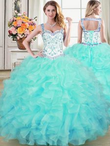 Organza Straps Sleeveless Lace Up Beading and Lace and Ruffles Vestidos de Quinceanera in Aqua Blue