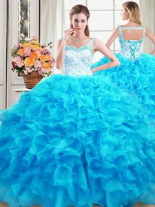 Cute Straps Baby Blue Sleeveless Beading and Ruffles Floor Length Quinceanera Gown