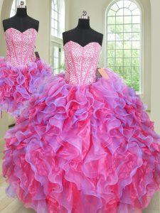 Pretty Three Piece Sleeveless Floor Length Beading and Ruffles Lace Up Quince Ball Gowns with Multi-color